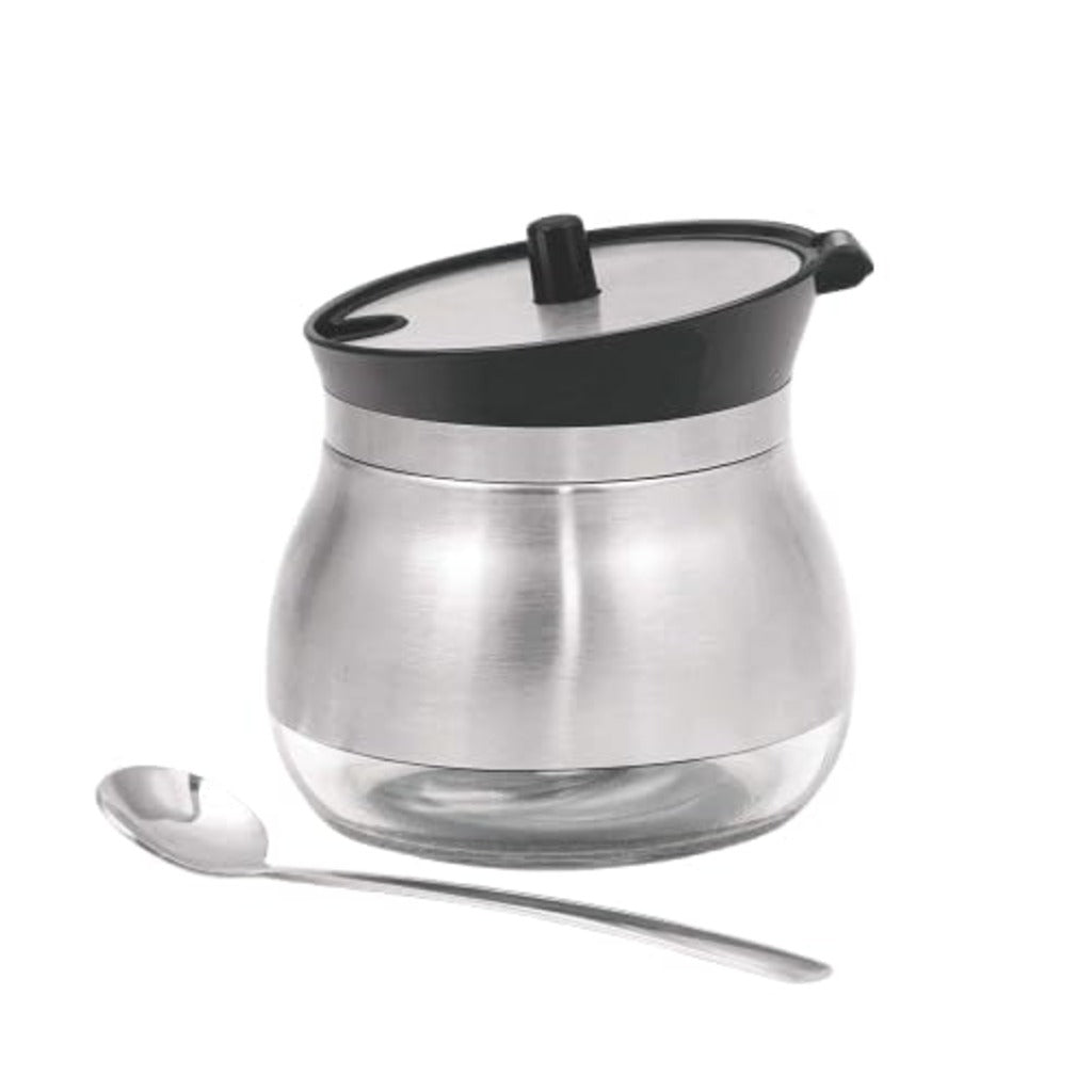 Lazer Glass & Stainless Steel Storage Jar with Spoon, 270 ml | Airtight Wide Mouth Container for Ghee, Sugar, Oil & Pickle | Kitchen Storage
