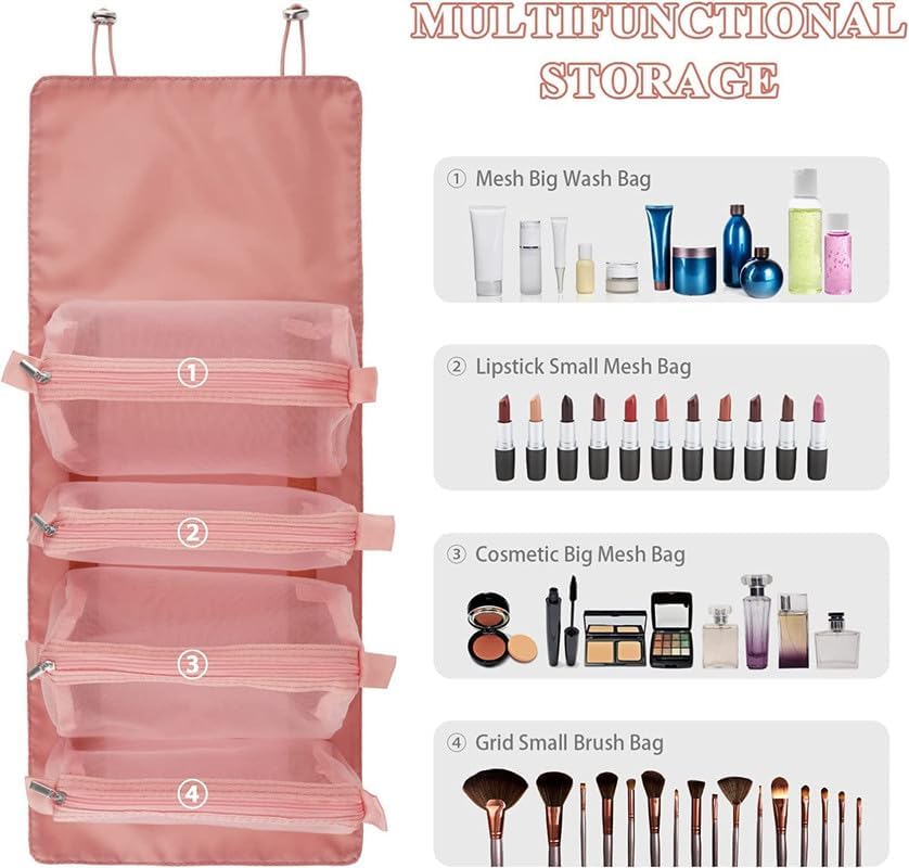 Lazer 4 in 1 Detachable Large Nylon Portable Cosmetic Mesh Bag, Makeup Organizer, Toiletry Pouch for Men and Women, Portable Travel Bag for Makeup Essentials (Baby Pink)