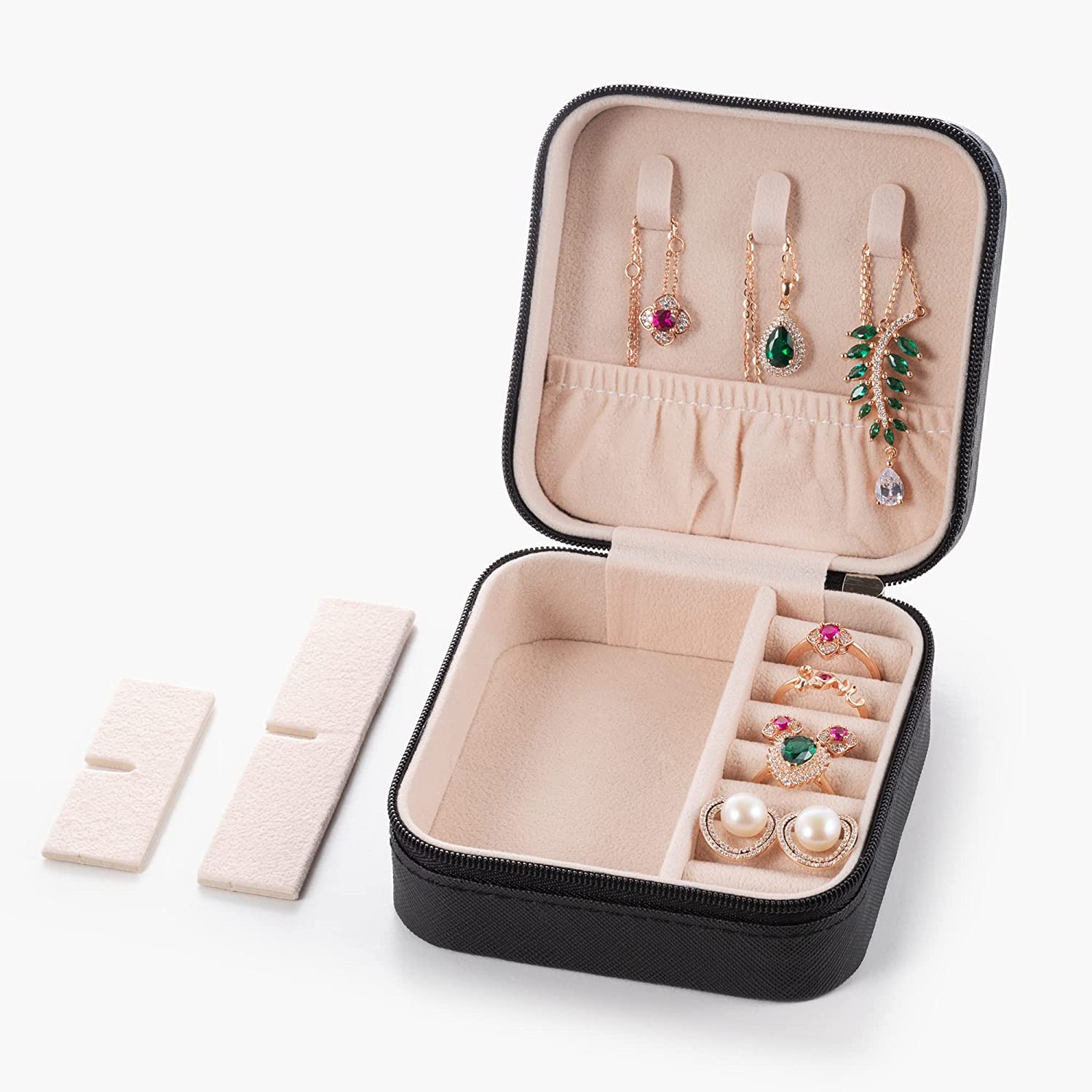 Lazer Jewellery Organiser PU Leather Zipper Square Portable Mini Square Storage Box Case with Dividers Container for Rings, Earrings, Necklace Home Organizer