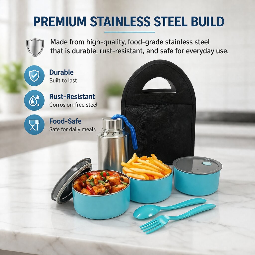 Lazer Stainless Steel Lunch Box Set 770ml – 3 Leakproof Containers, 500ml Steel Water Bottle, Cutlery & Insulated Carry Bag for Office, School & Travel (Blue)