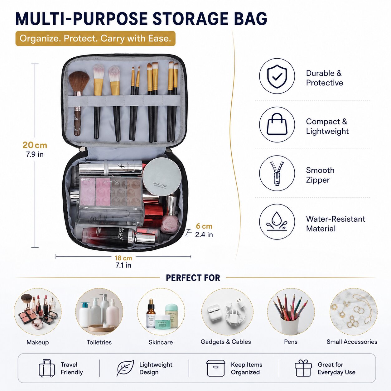 Lazer Double Layer Makeup Bag for Women – Clear Cosmetic Organizer Case, Travel Toiletry & Makeup Storage Pouch, Portable Makeup Organizer (Black)