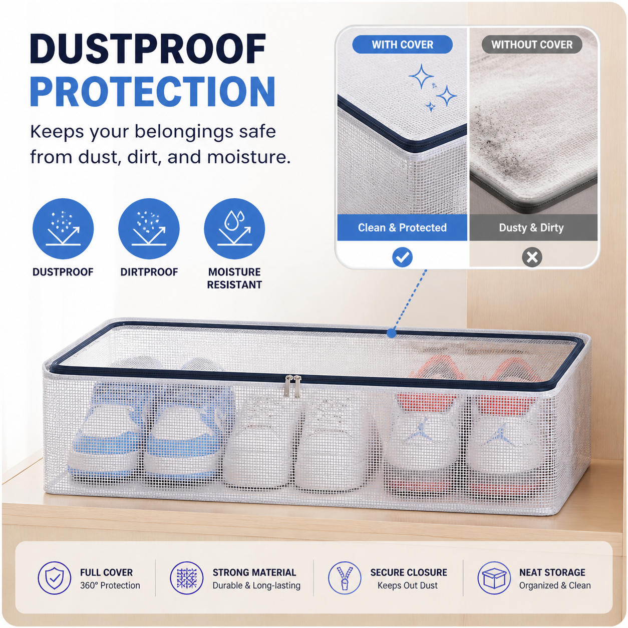 Lazer 27L Under-Bed Storage Bag with Zipper – Transparent Dustproof Organizer for Clothes, Blankets, Shoes & Toys (60×30×15 cm)