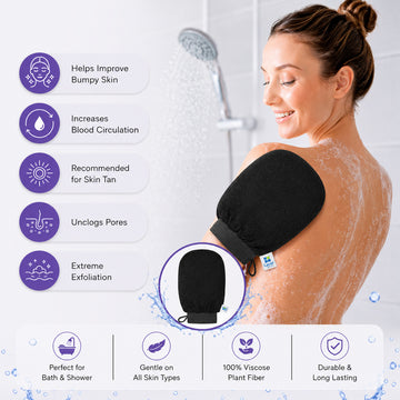 Lazer Exfoliating Body Scrub Gloves, Loofah for Men and Women, Gentle On Skin, Easy To Use, Removes Dead Skin, Blackheads, Impurities, Sustainable Hand Bathing Gloves (Black)