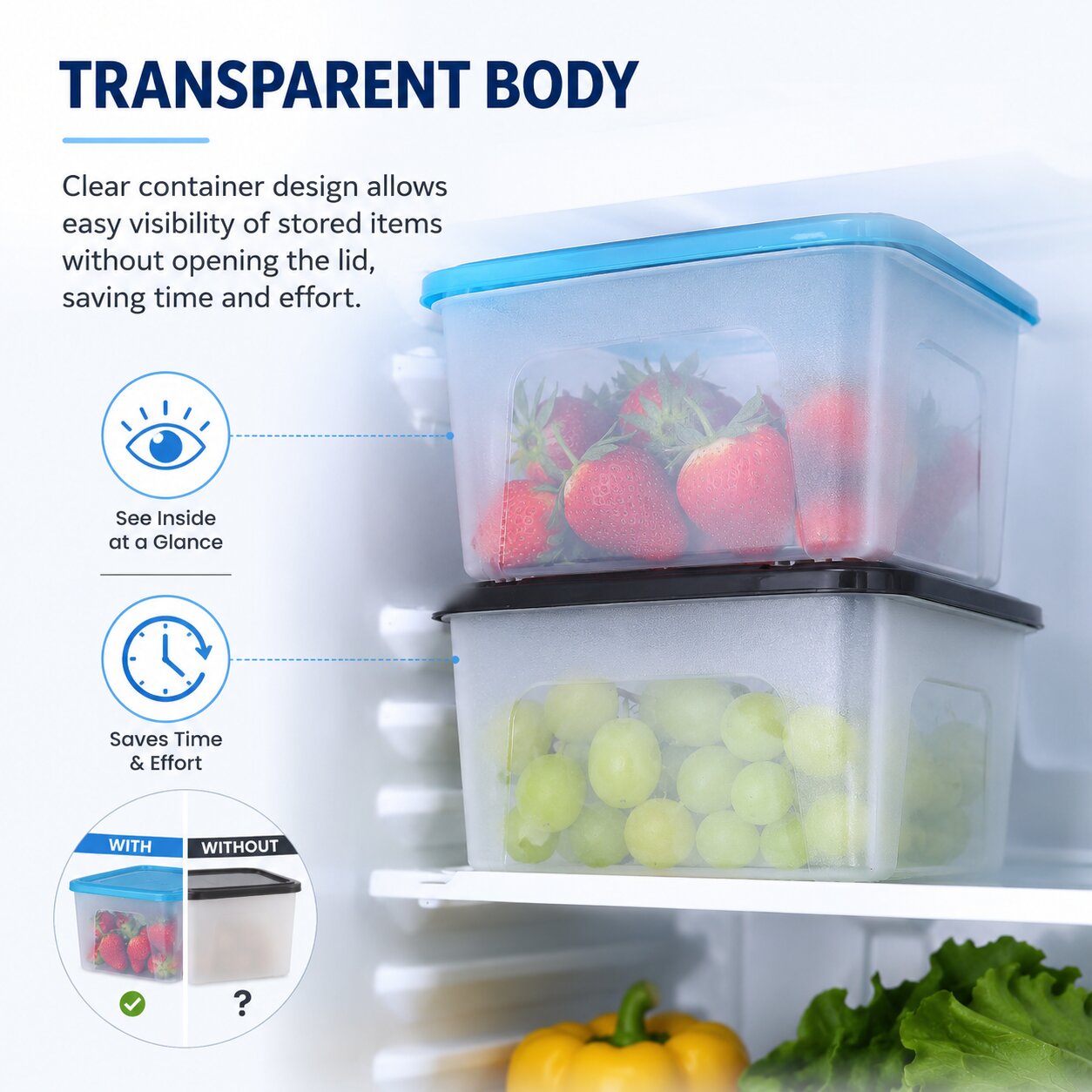 Lazer 2000 ML Fridge Storage Container Set of 4 with Lid | BPA-Free Plastic Food Storage Boxes for Rice, Pasta, Pulses, Cereals, Fruits, Vegetables & Meal Prep | Kitchen Organizer Containers, Black