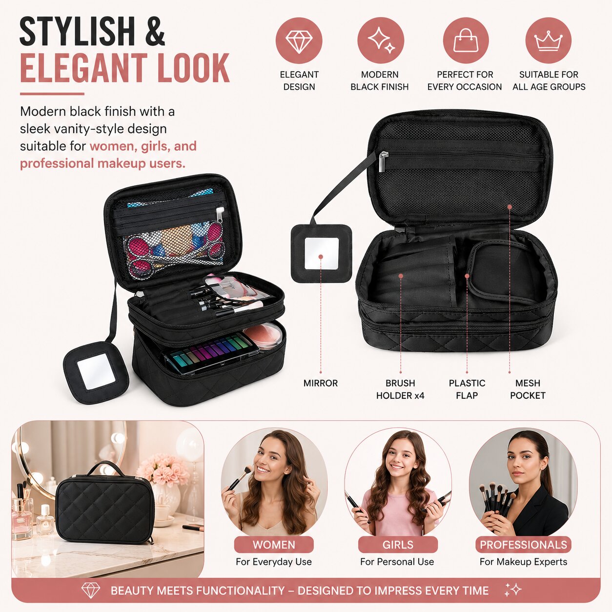 Lazer Makeup Pouch Bag Organiser with Mirror – Large Travel Cosmetic Vanity Bag for Women, Portable Makeup Organizer Case, Black