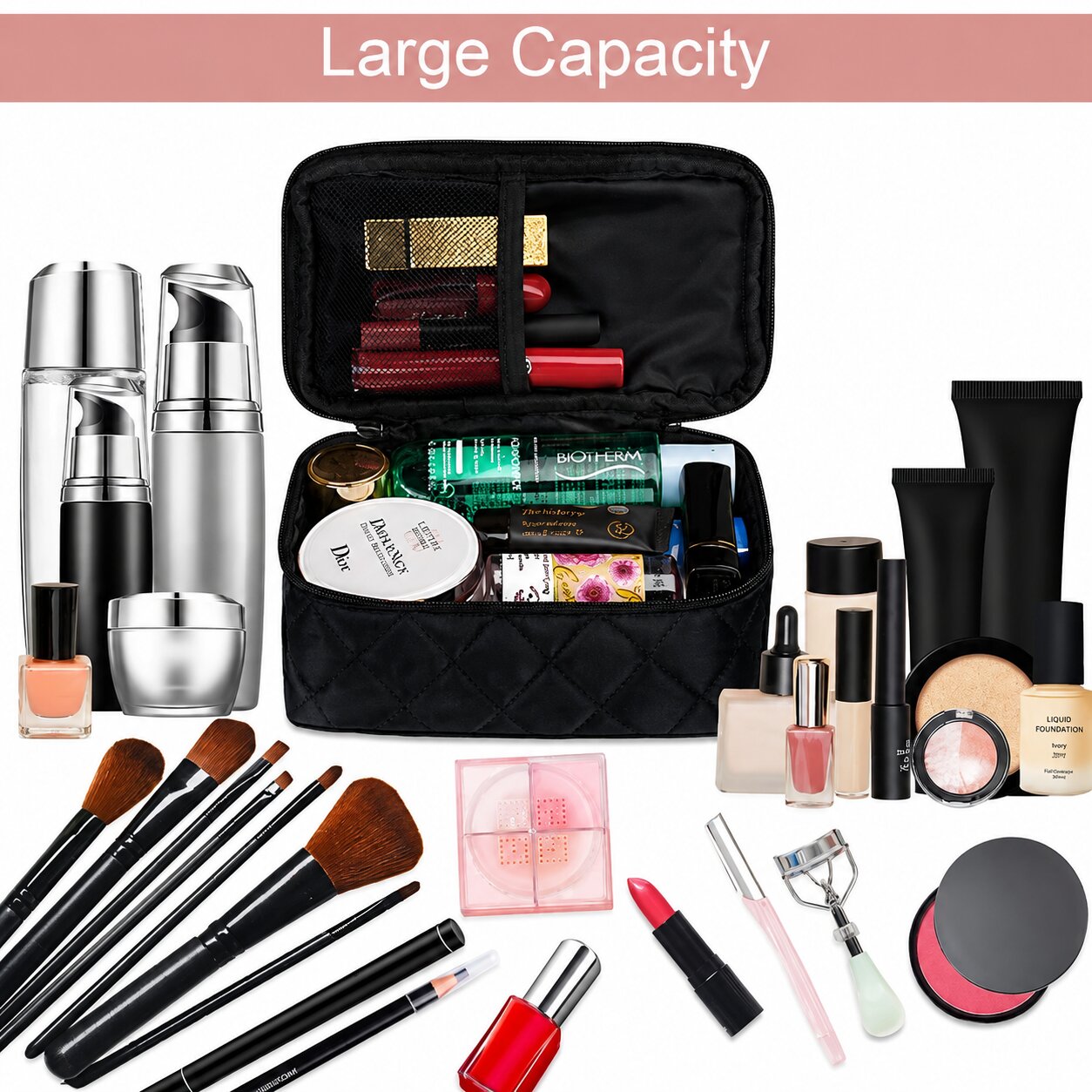 Lazer Makeup Pouch Bag Organiser with Mirror – Large Travel Cosmetic Vanity Bag for Women, Portable Makeup Organizer Case, Black