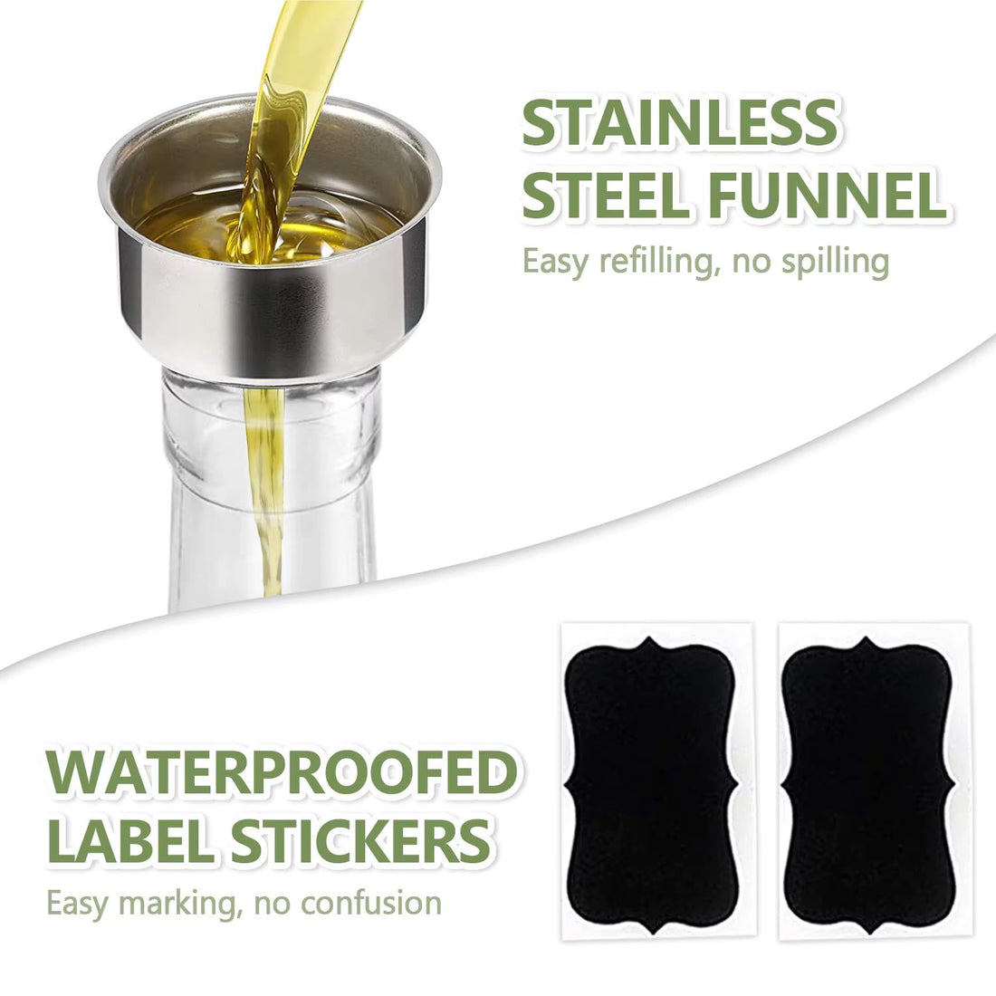 Lazer 500ml Glass Oil Dispenser Bottle Set – 2 Bottles with Stainless Steel Funnel, 4 Caps with Filters, 8 Stickers, Marker, Flap Cap & Dust Cap, Leak-Proof Oil & Vinegar Bottle for Kitchen