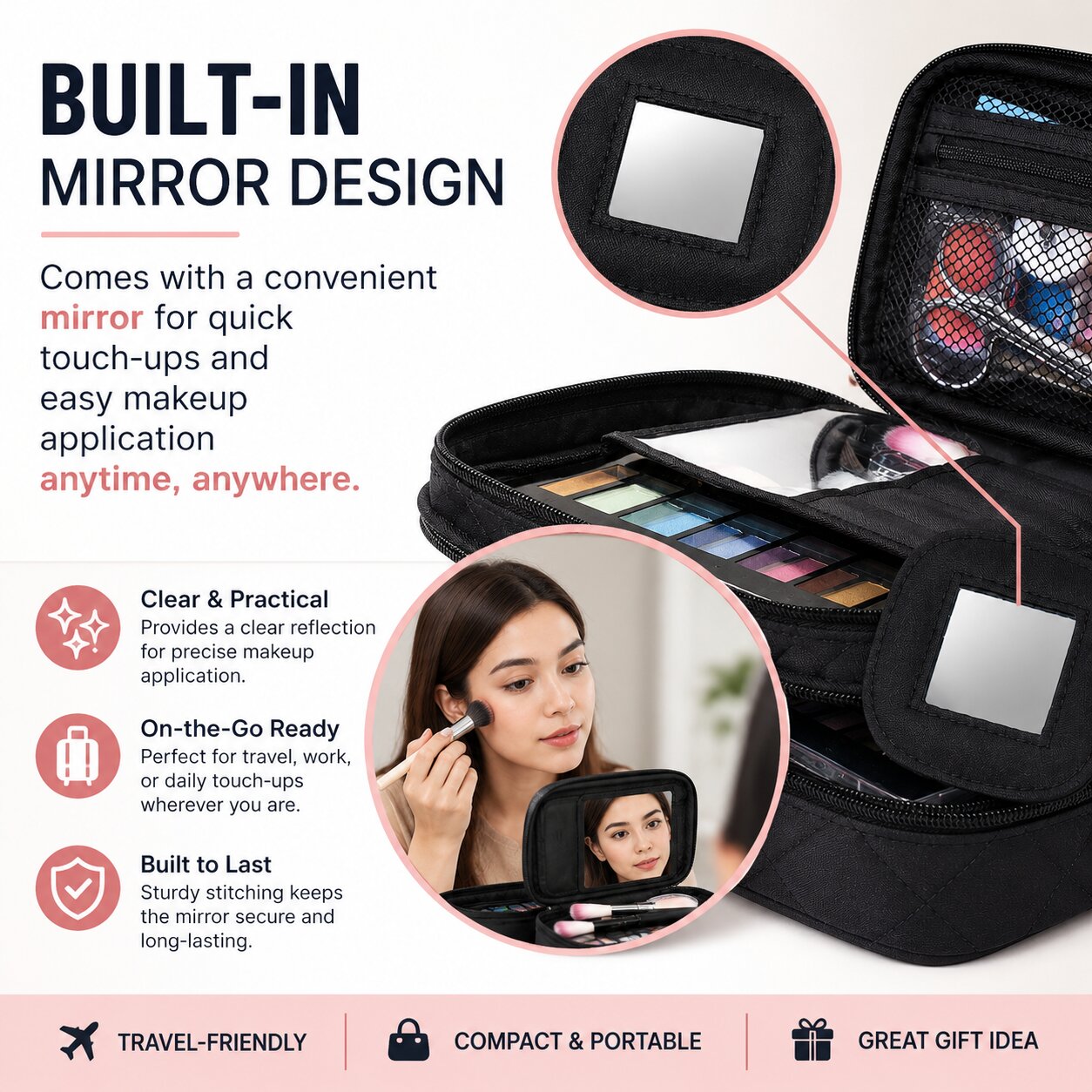 Lazer Makeup Pouch Bag Organiser with Mirror – Large Travel Cosmetic Vanity Bag for Women, Portable Makeup Organizer Case, Black