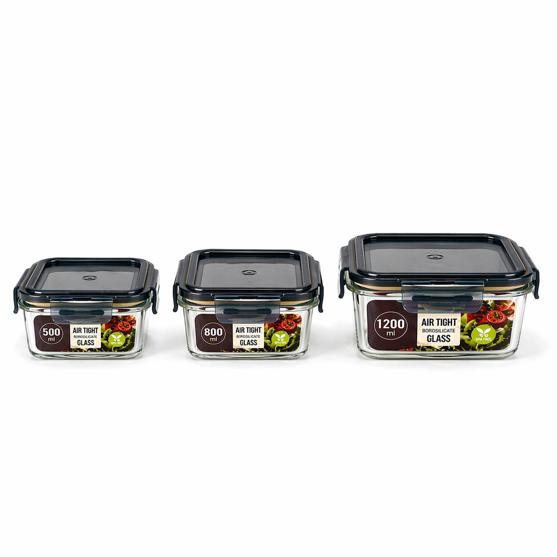 Lazer Glass Lunch Boxes Set of 3 Airtight Leakproof Food Storage Containers (500ml, 800ml, 1200ml) with Locking Lid, Microwave Safe, BPA-Free Meal Prep for Office & Home