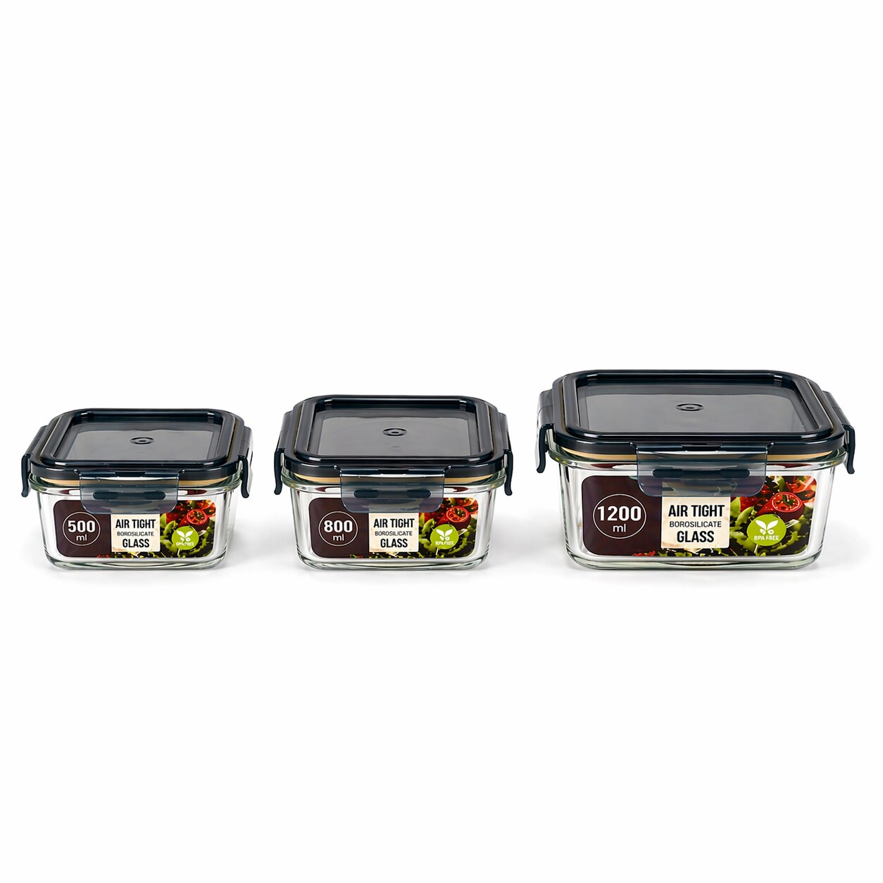 Lazer Glass Lunch Boxes Set of 3 Airtight Leakproof Food Storage Containers (500ml, 800ml, 1200ml) with Locking Lid, Microwave Safe, BPA-Free Meal Prep for Office & Home