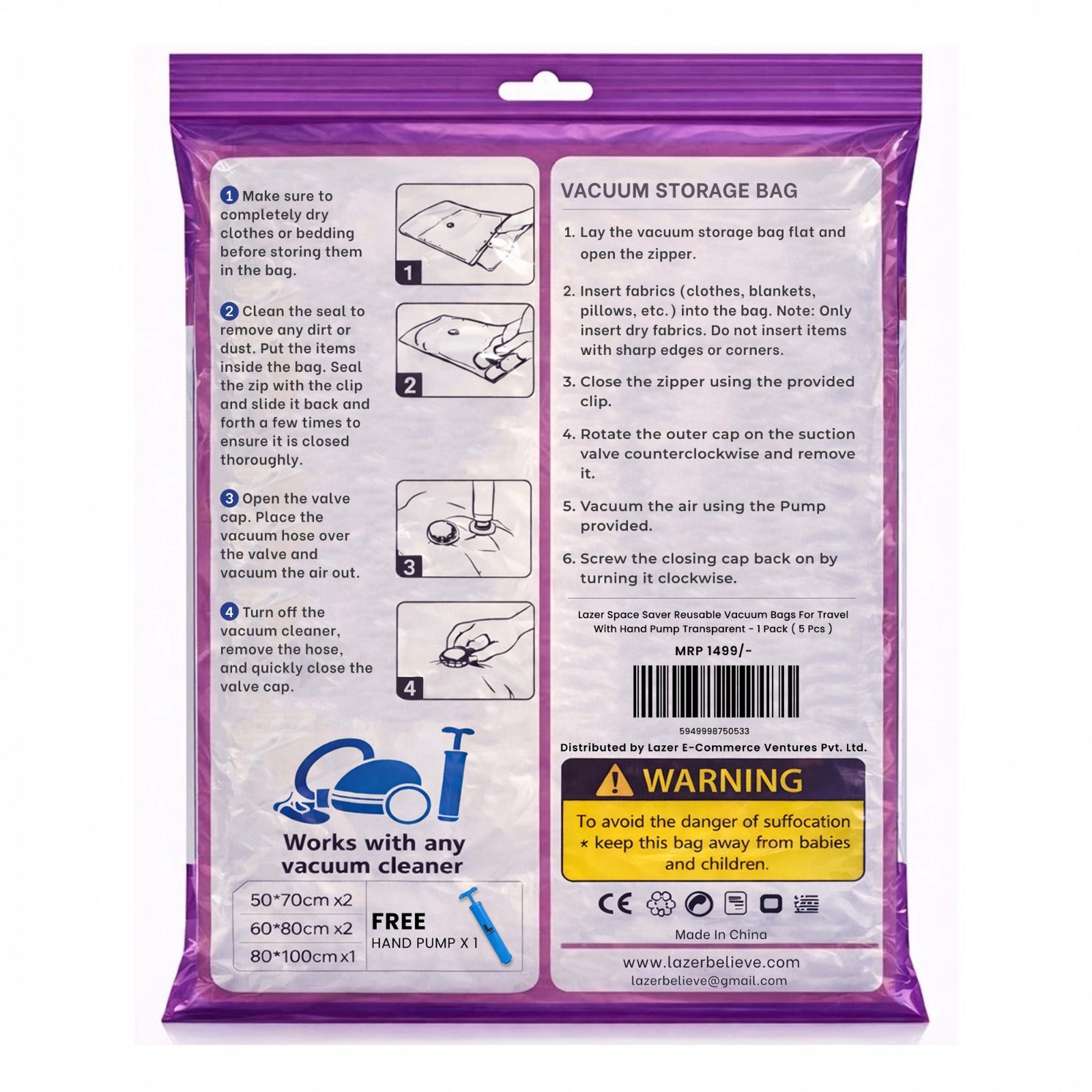 Lazer 5 Pack Space Saver Reusable Vacuum Bags for Travel with Hand Pump (1 Large/2 Medium/2 Small) Polyethylene Airtight Compression Storage for Packing Vaccine Sealer Bag with Ziplock - Transparent