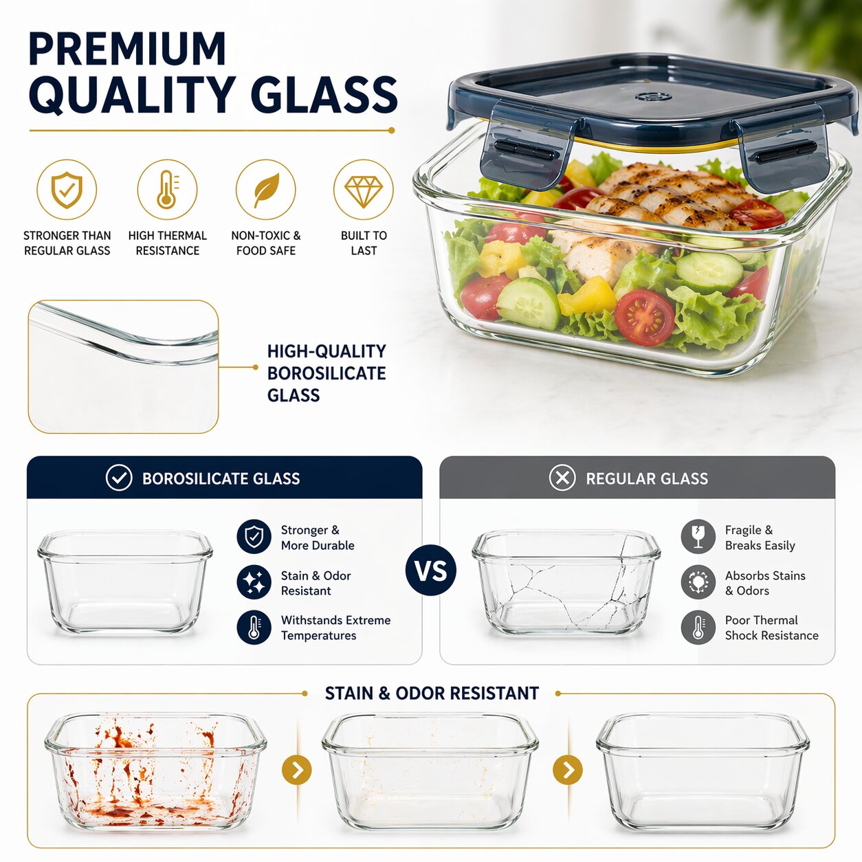 Lazer Glass Lunch Boxes Set of 3 Airtight Leakproof Food Storage Containers (500ml, 800ml, 1200ml) with Locking Lid, Microwave Safe, BPA-Free Meal Prep for Office & Home