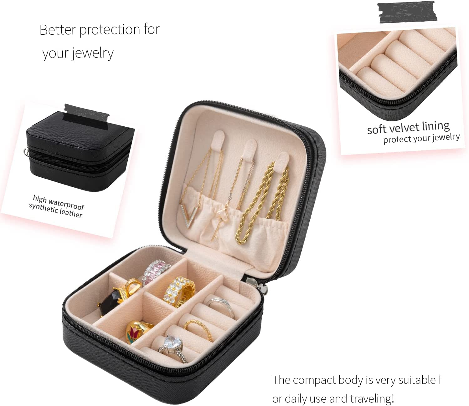 Lazer Jewellery Organiser PU Leather Zipper Square Portable Mini Square Storage Box Case with Dividers Container for Rings, Earrings, Necklace Home Organizer