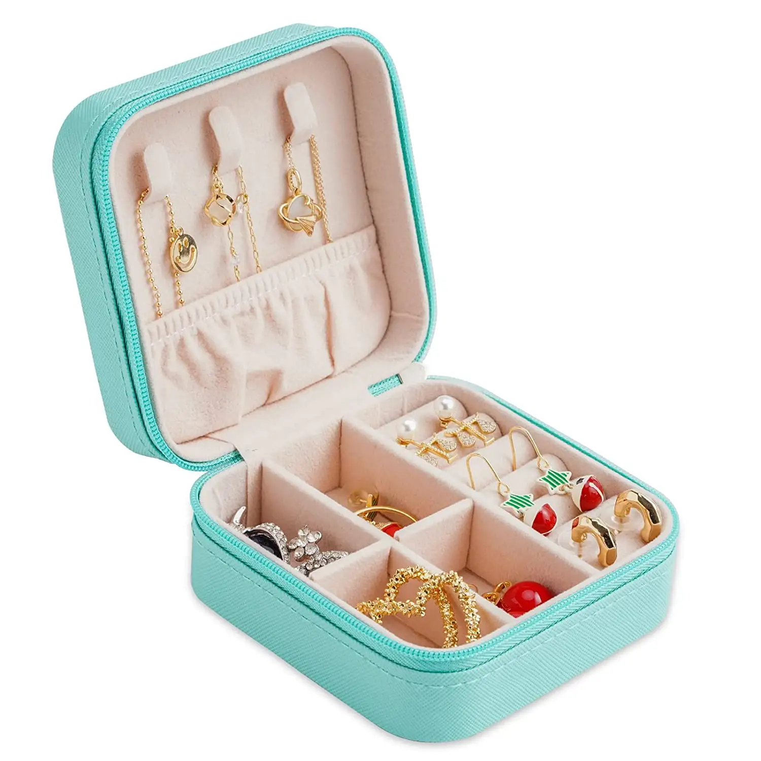 Lazer Jewellery Organiser PU Leather Zipper Square Portable Mini Square Storage Box Case with Dividers Container for Rings, Earrings, Necklace Home Organizer