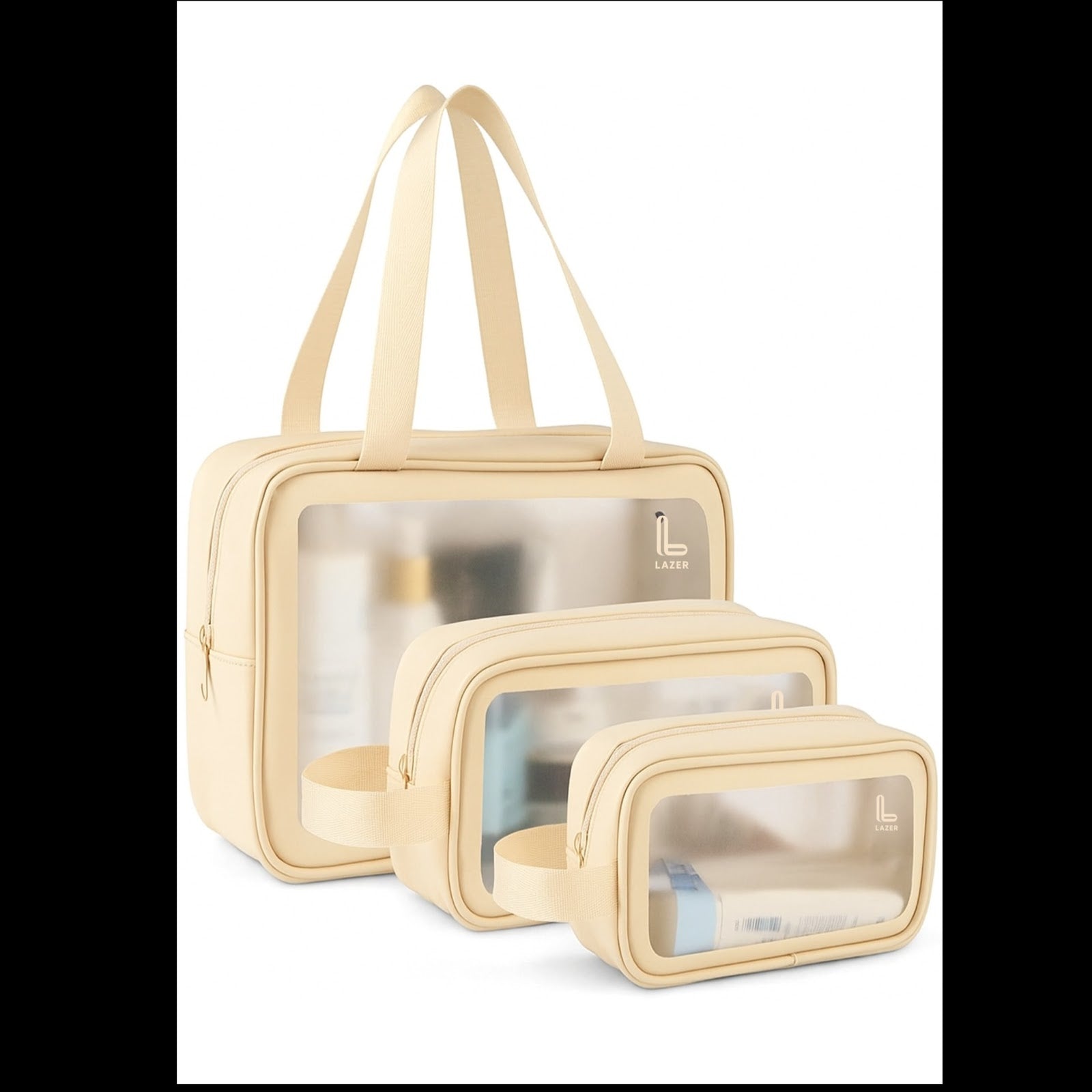 Lazer Makeup Travel Pouch, Cosmetic Bag, Travel kit Pouch for Toiletries, Brushes and Cosmetics - Set of 3 - Washbag Pouch - Cream