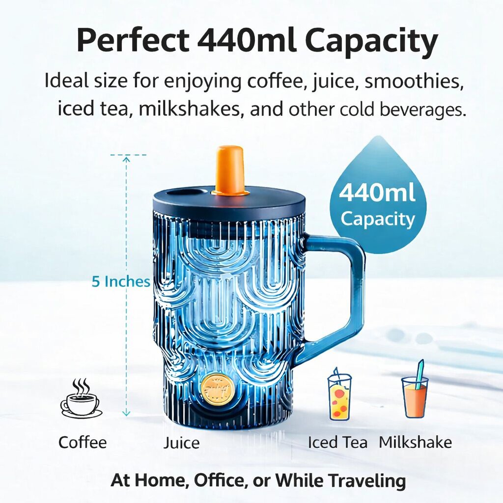 Lazer Reusable Glass Tumbler with Lid & Straw, 440ml Multipurpose Drinking Glass Travel Coffee Sipper Mug for Juice, Smoothies, Iced Tea & Cold Beverages, Dark Blue