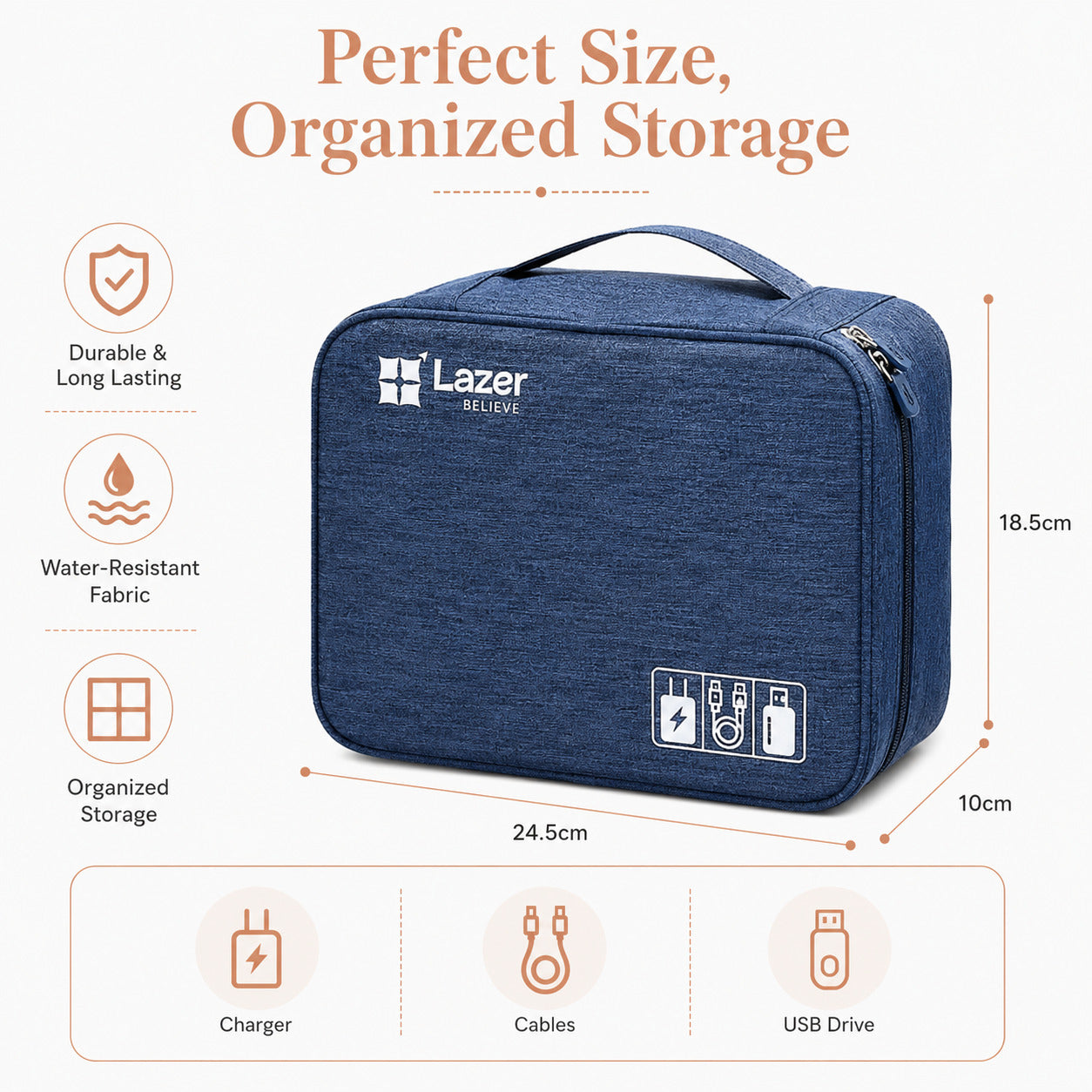 Lazer Polyester Electronics Accessories Organizer Bag, Universal Carry Travel Gadget Bag For Cables, Plug And More, Perfect Size Fits For Pad Phone Charger Hard Disk - Blue