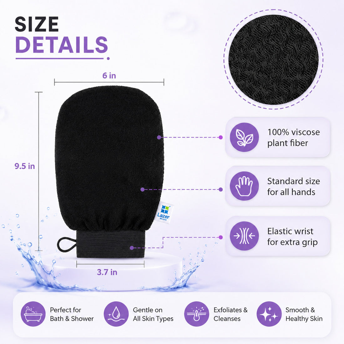 Lazer Exfoliating Body Scrub Gloves, Loofah for Men and Women, Gentle On Skin, Easy To Use, Removes Dead Skin, Blackheads, Impurities, Sustainable Hand Bathing Gloves (Black)