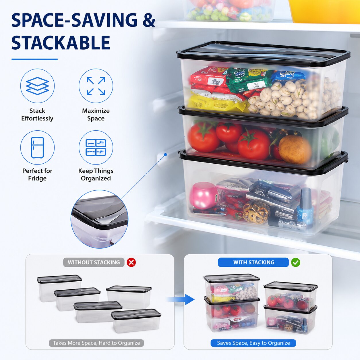 Lazer 2000 ML Fridge Storage Container Set of 6 with Lid | BPA-Free Plastic Food Storage Boxes for Rice, Pasta, Pulses, Cereals, Fruits, Vegetables & Meal Prep | Kitchen Organizer Containers, Black