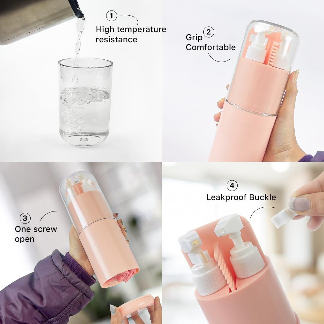 Lazer 7 in 1 Travel Kit for Toiletries, Compact Travel Essentials Set with Bottles, Toothbrush Holder & Leakproof Dispensers for Men & Women (Peach)
