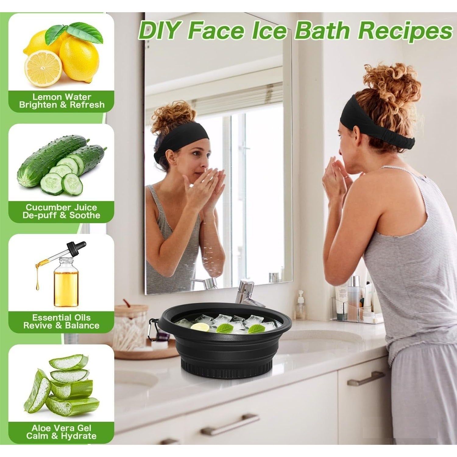 Lazer Silicone Collapsible Face Bowl with Ice Tray, BPA-Free Round Face Bath Bowl for Skincare, Soaking & Washing, Dishwasher Safe (Black, Pack of 1)