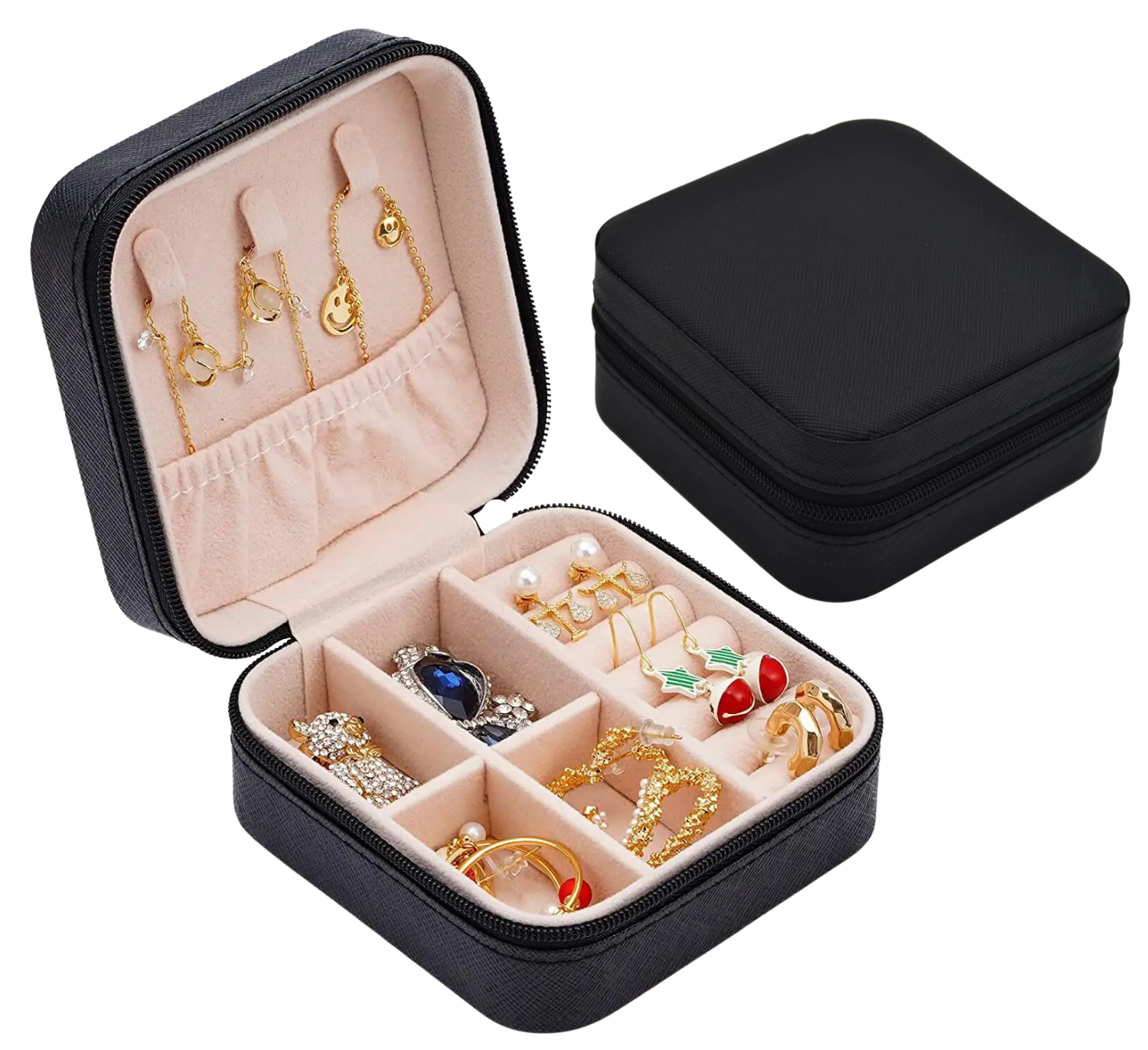 Lazer Jewellery Organiser PU Leather Zipper Square Portable Mini Square Storage Box Case with Dividers Container for Rings, Earrings, Necklace Home Organizer