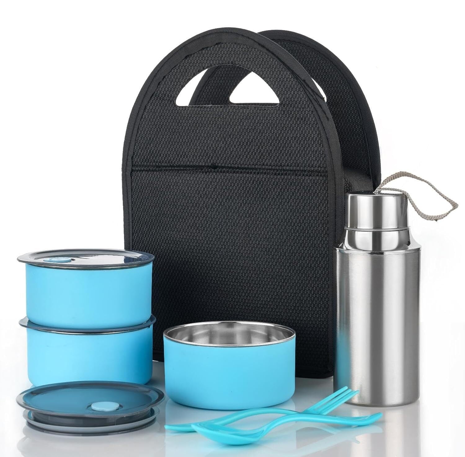 Lazer Stainless Steel Lunch Box Set 770ml – 3 Leakproof Containers, 500ml Steel Water Bottle, Cutlery & Insulated Carry Bag for Office, School & Travel (Blue)