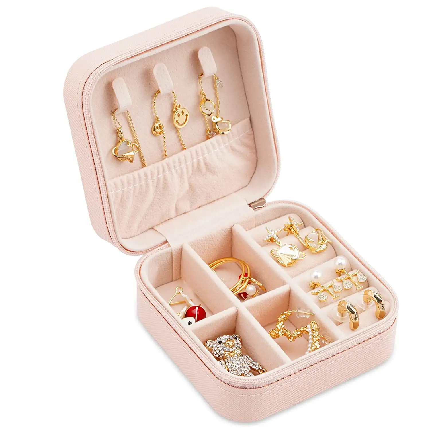 Lazer Jewellery Organiser PU Leather Zipper Square Portable Mini Square Storage Box Case with Dividers Container for Rings, Earrings, Necklace Home Organizer