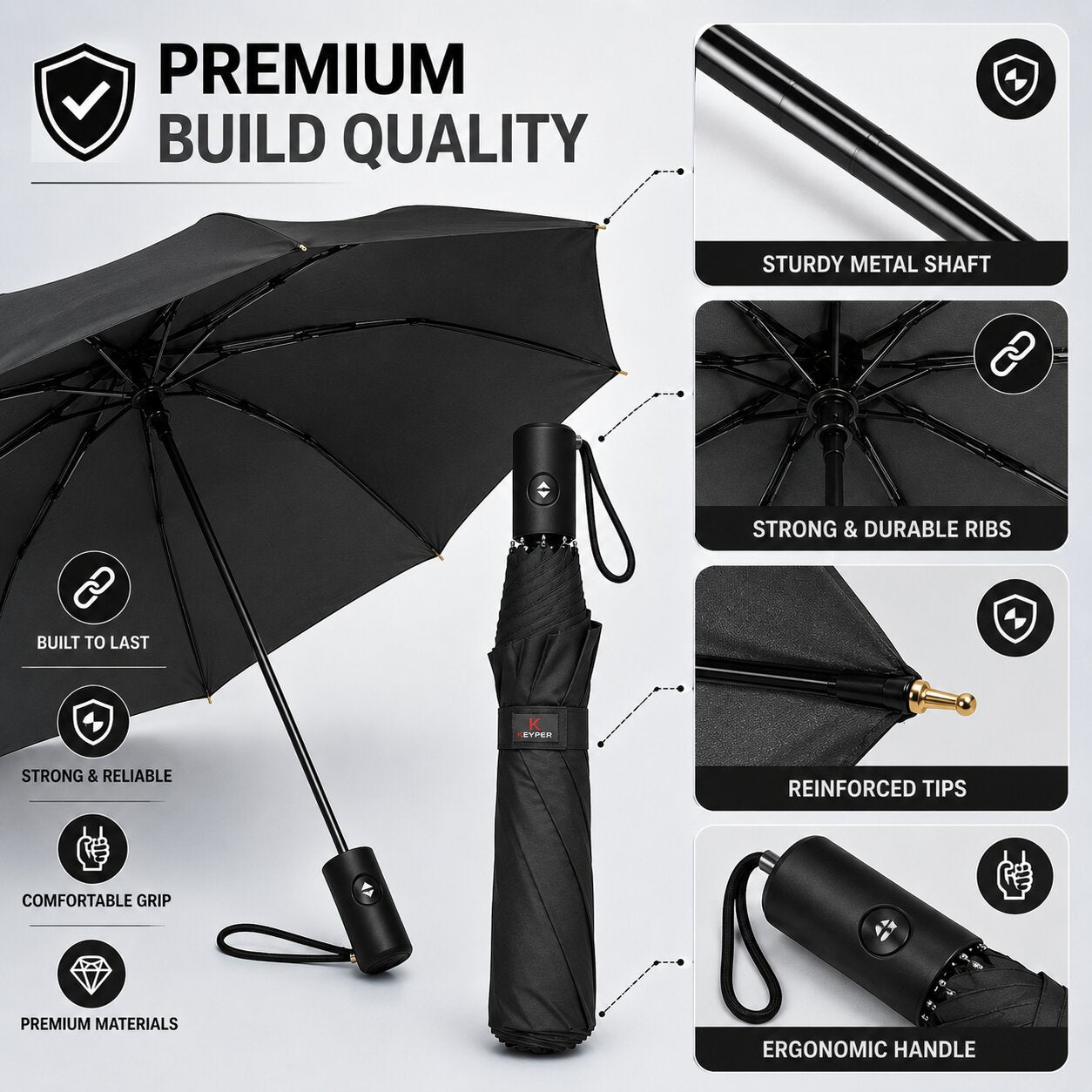 Lazer Shine 2-Fold 42 Inches Umbrella – Auto Open, Waterproof, Windproof, UPF 50+ Sun Protection, Large Compact Umbrella for Men, Women & Kids, Black