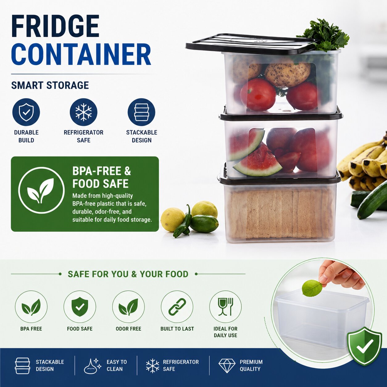 Lazer 2000 ML Fridge Storage Container Set of 2 with Lid | BPA-Free Plastic Food Storage Boxes for Rice, Pasta, Pulses, Cereals, Fruits, Vegetables & Meal Prep | Kitchen Organizer Containers, Black