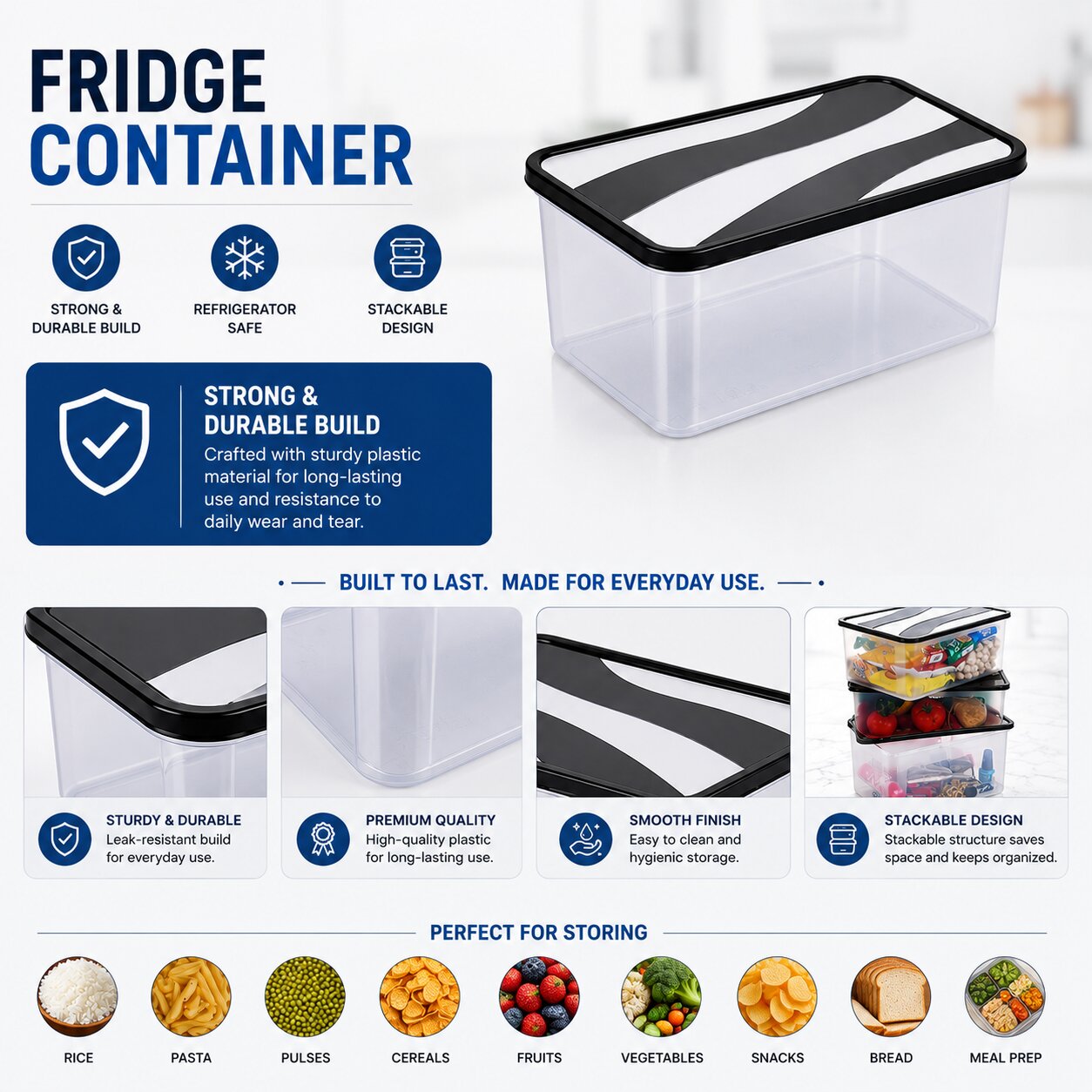Lazer 2000 ML Fridge Storage Container Set of 6 with Lid | BPA-Free Plastic Food Storage Boxes for Rice, Pasta, Pulses, Cereals, Fruits, Vegetables & Meal Prep | Kitchen Organizer Containers, Black
