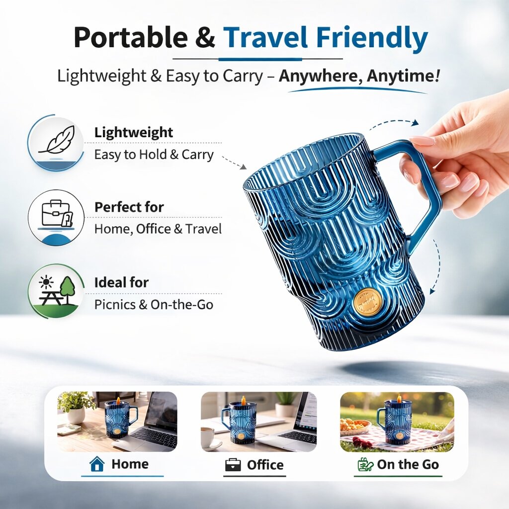 Lazer Reusable Glass Tumbler with Lid & Straw, 440ml Multipurpose Drinking Glass Travel Coffee Sipper Mug for Juice, Smoothies, Iced Tea & Cold Beverages, Dark Blue
