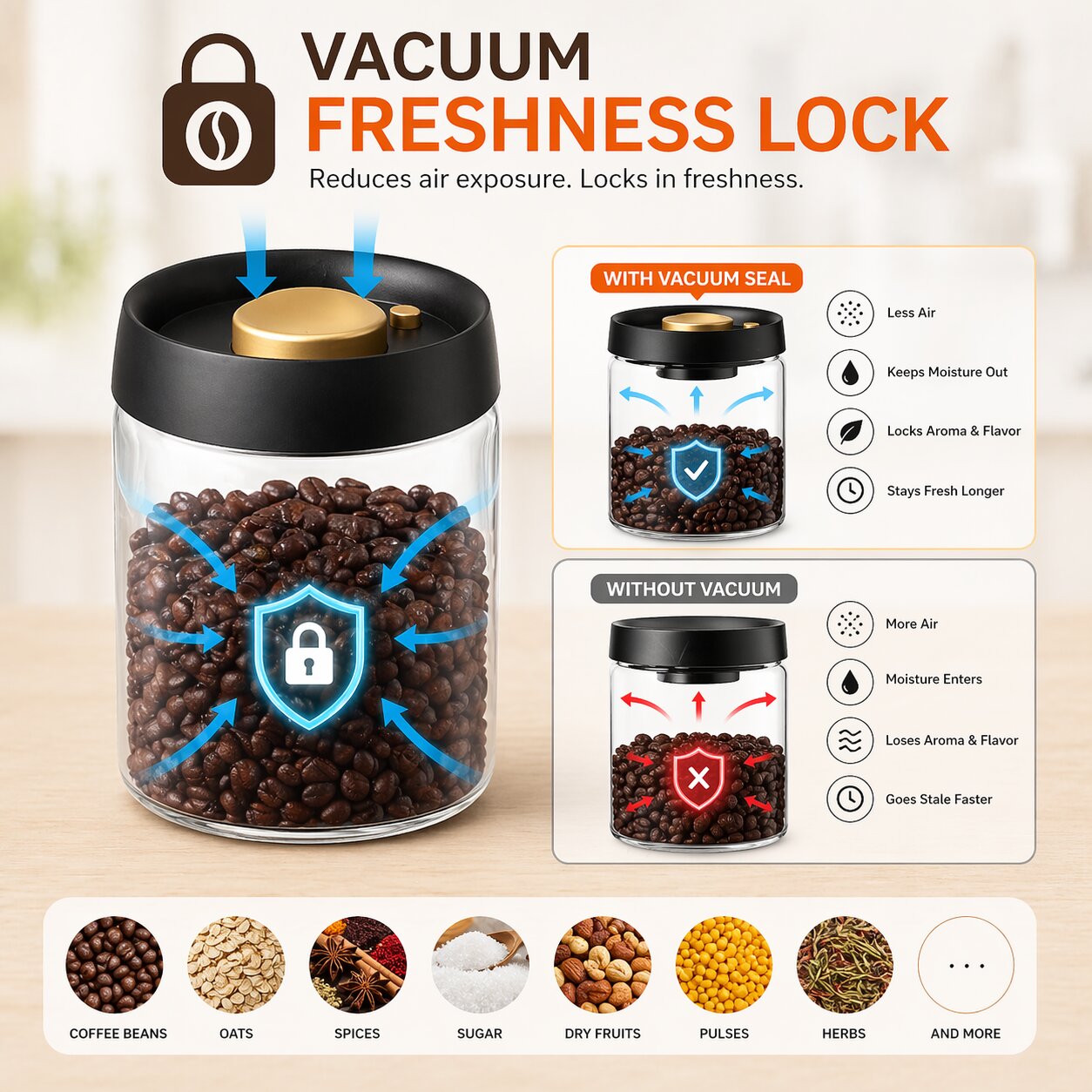 Lazer 750 ML Vacuum Borosilicate Glass Jar with Airtight Lid, Food Saver Sealer Attachment, Storage Container for Coffee Beans, Oats, Spices, Sugar