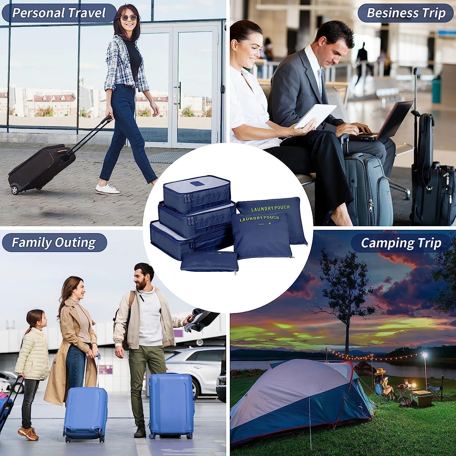 Lazer 6 in 1 Travel Packing Cubes Set – Polyester Luggage Organizer Bags with Laundry Bag, Undergarment Pouch & Clothes Storage for Suitcase (Dark Blue)