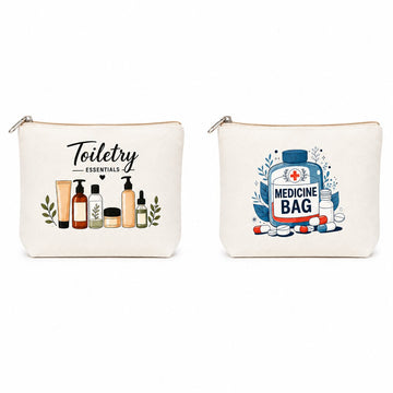 Lazer Printed Cotton Canvas Travel Pouch Set of 2 – Medicine Bag & Toiletry Organizer for Medications, Cosmetics, Toiletries & Daily Essentials