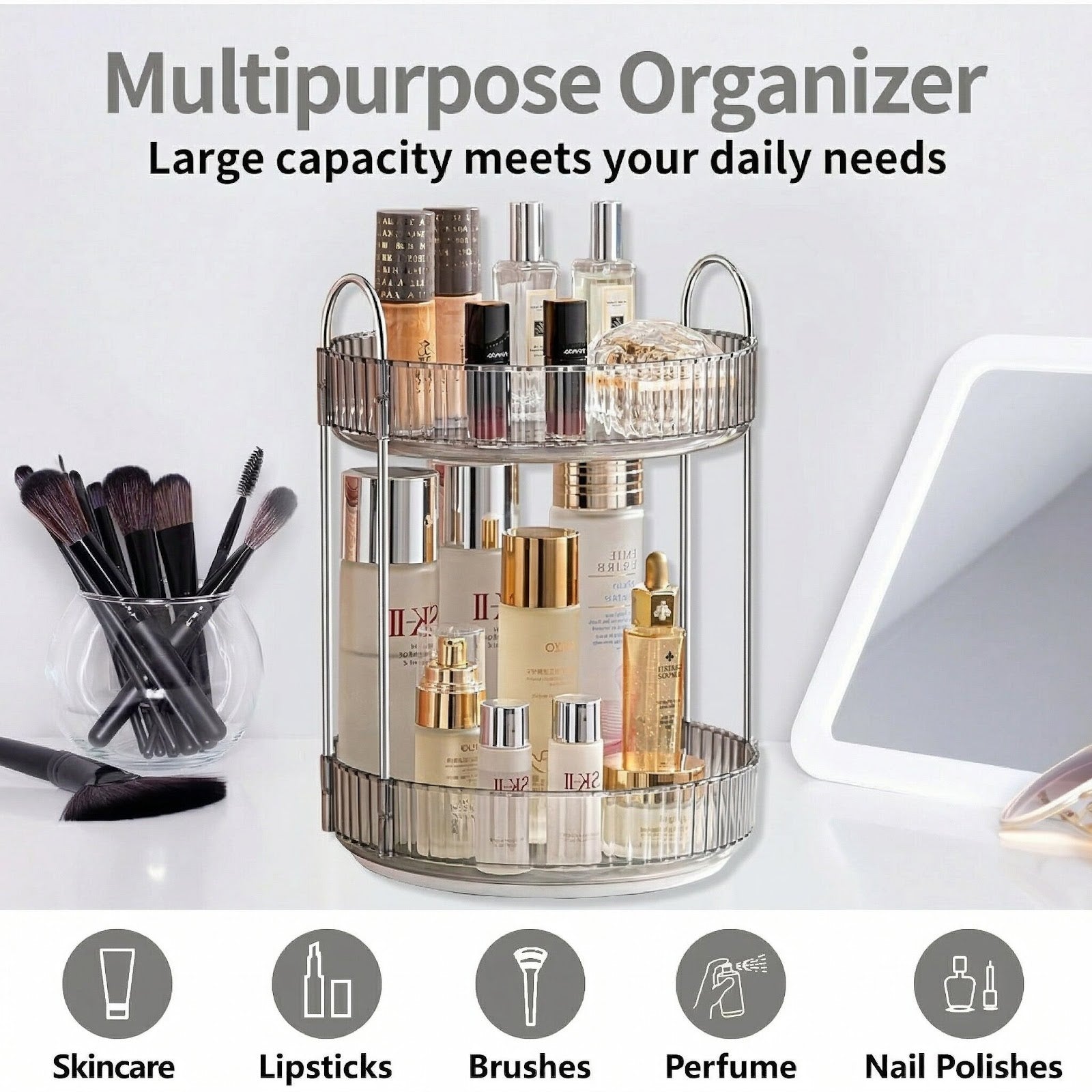 Lazer 360° Rotating Makeup Organizer – 2 Tier Grey Vanity Storage for Skincare, Perfume & Cosmetics (High Capacity Clear Display)