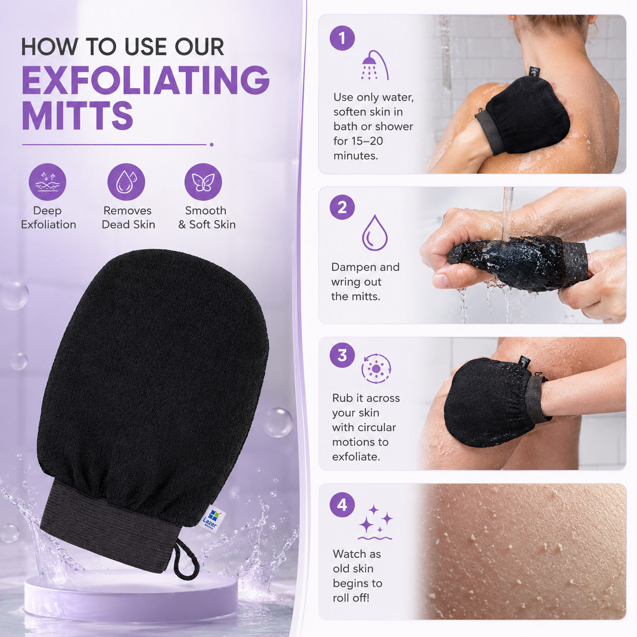 Lazer Exfoliating Body Scrub Gloves, Loofah for Men and Women, Gentle On Skin, Easy To Use, Removes Dead Skin, Blackheads, Impurities, Sustainable Hand Bathing Gloves (Black)
