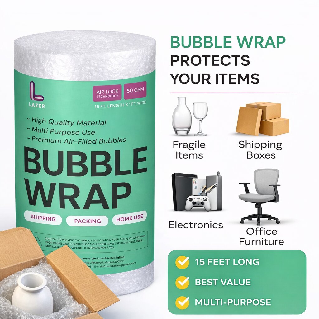 Lazer 50 GSM Pack of 2 Bubble Wrap Roll – 1 Ft Wide x 15 Ft Long, Thick Cushioning for Shipping, Moving & Storage