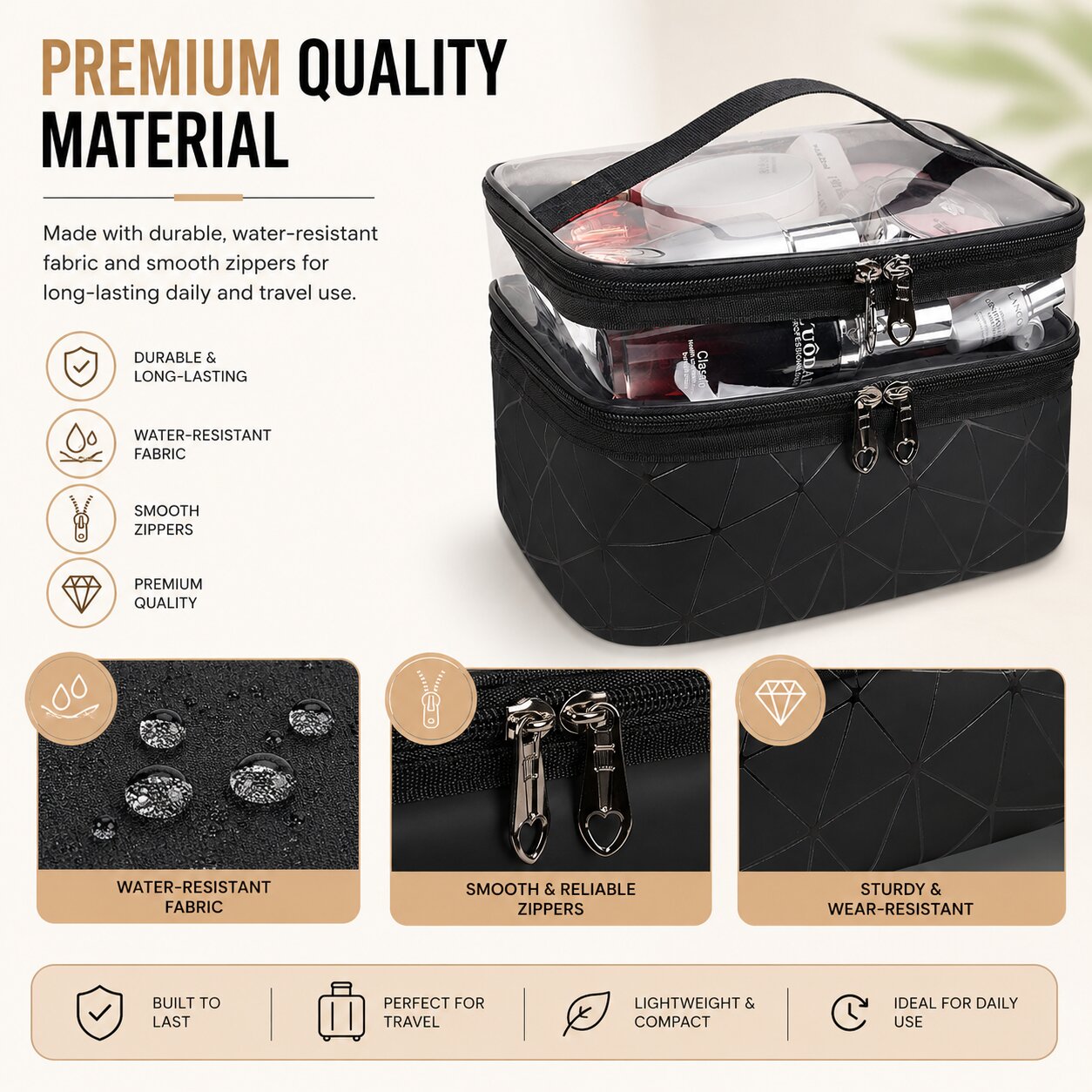 Lazer Double Layer Makeup Bag for Women – Clear Cosmetic Organizer Case, Travel Toiletry & Makeup Storage Pouch, Portable Makeup Organizer (Black)