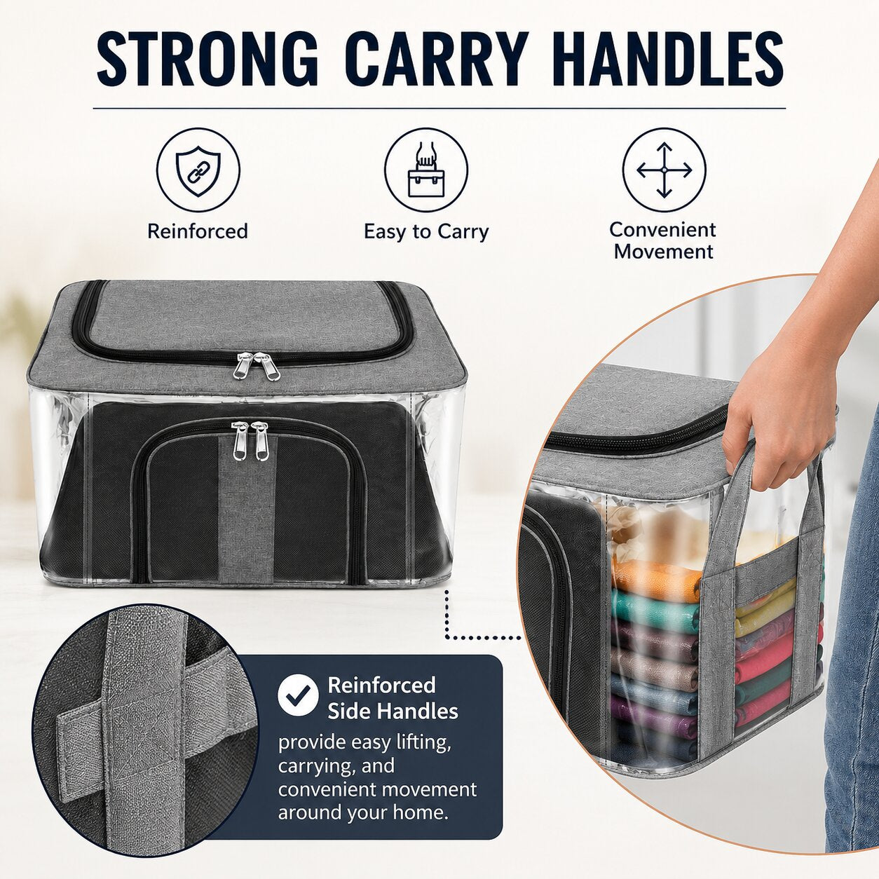 Lazer Pack of 2 Clothes Storage Bags – 33L Nylon Wardrobe Organizer with Transparent PVC Window, Moisture Proof Saree & Clothes Storage Box with Carry Handle (Grey, 44 x 31 x 24 cm)