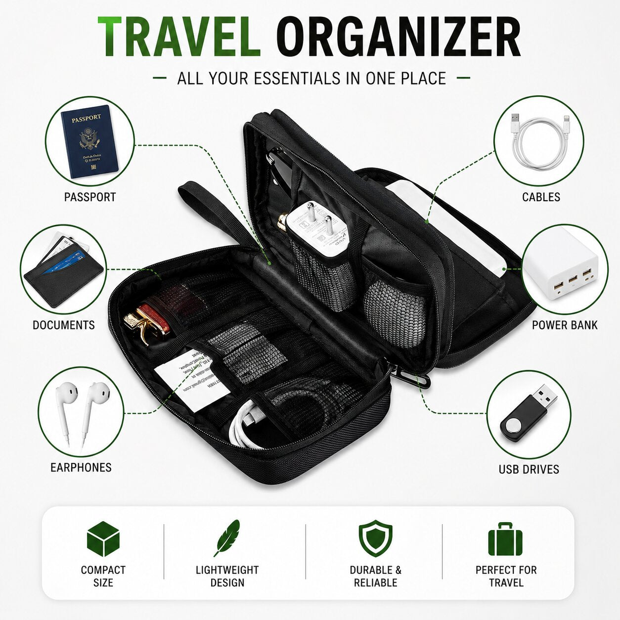 Lazer Travel Organizer Pouch with Wrist Strap, Premium Zippered Storage Case for Passport, Documents, Cables, Gadgets & Accessories, Lightweight Durable Portable Bag (Black)
