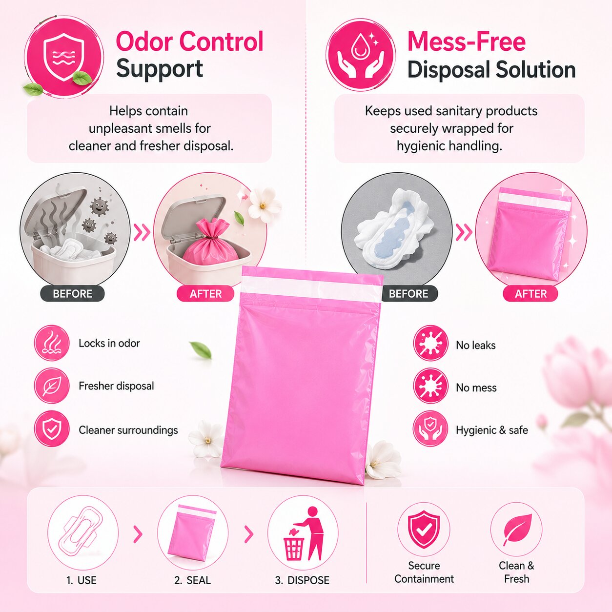 Lazer Pack of 20 Sanitary Napkin Disposal Bags for Women | Pink Self-Sealing Feminine Hygiene Disposal Bags for Pads & Tampons | Leakproof Privacy Disposal Covers | 8 x 11 Inches