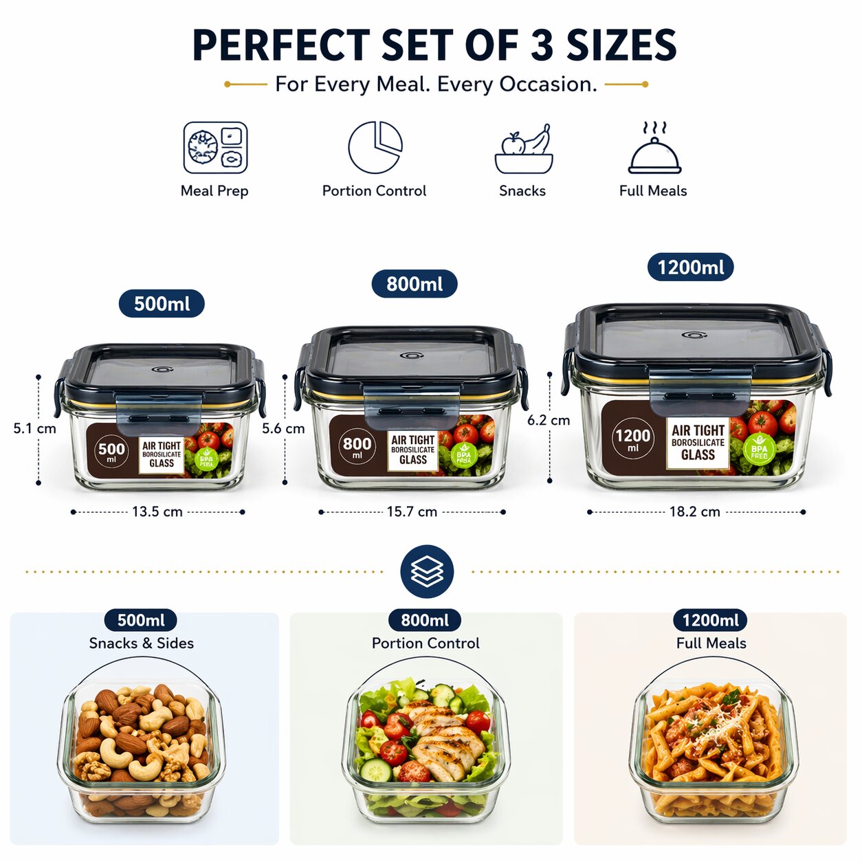 Lazer Glass Lunch Boxes Set of 3 Airtight Leakproof Food Storage Containers (500ml, 800ml, 1200ml) with Locking Lid, Microwave Safe, BPA-Free Meal Prep for Office & Home