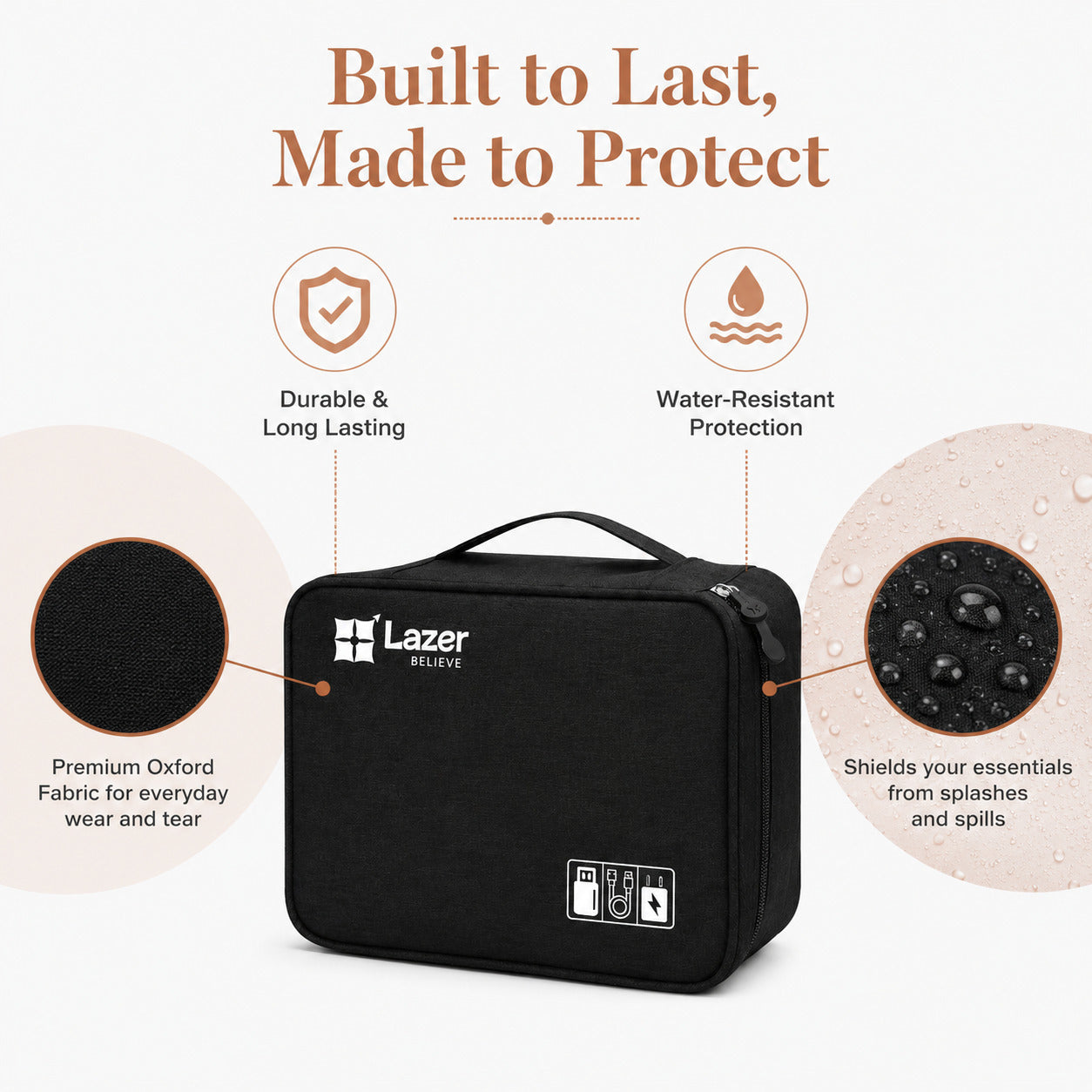 Lazer Polyester Electronics Accessories Organizer Bag, Universal Carry Travel Gadget Bag For Cables, Plug And More, Perfect Size Fits For Pad Phone Charger Hard Disk - Black