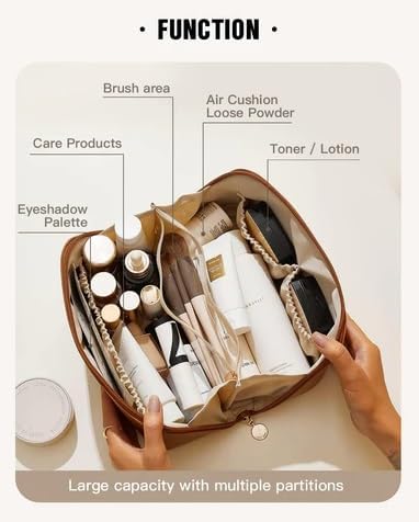 Lazer Travel Cosmetic Makeup Pouches for Women Travel Organizer Bag Portable Pouch Open Flat Toiletry Bag Make Up Organizer with Divider and Handle (Brown)