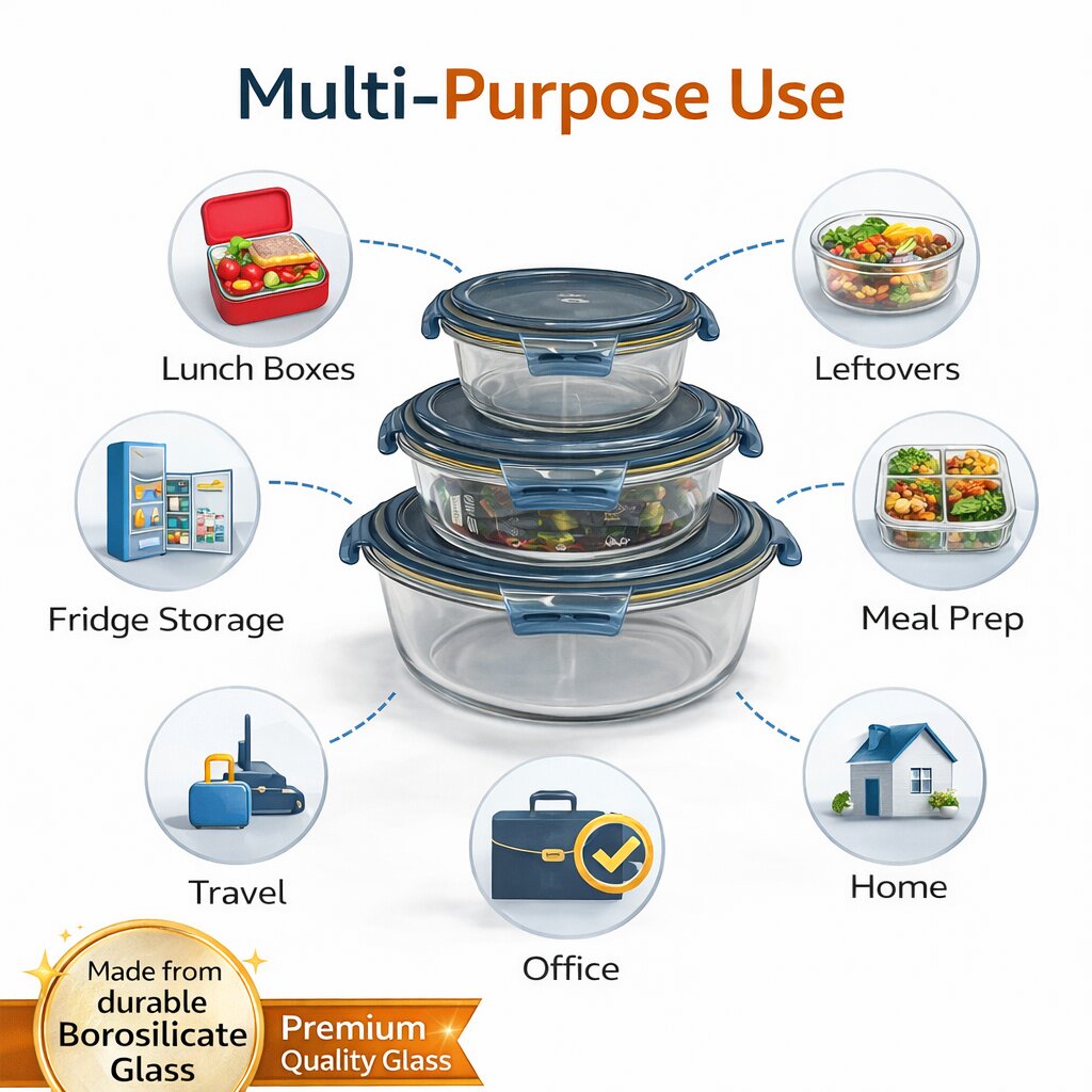 Lazer Glass Lunch Boxes Set of 3 Airtight Leakproof Food Storage Containers (370ml, 630ml, 930ml) with Locking Lid, Microwave Safe, BPA-Free Meal Prep for Office & Home