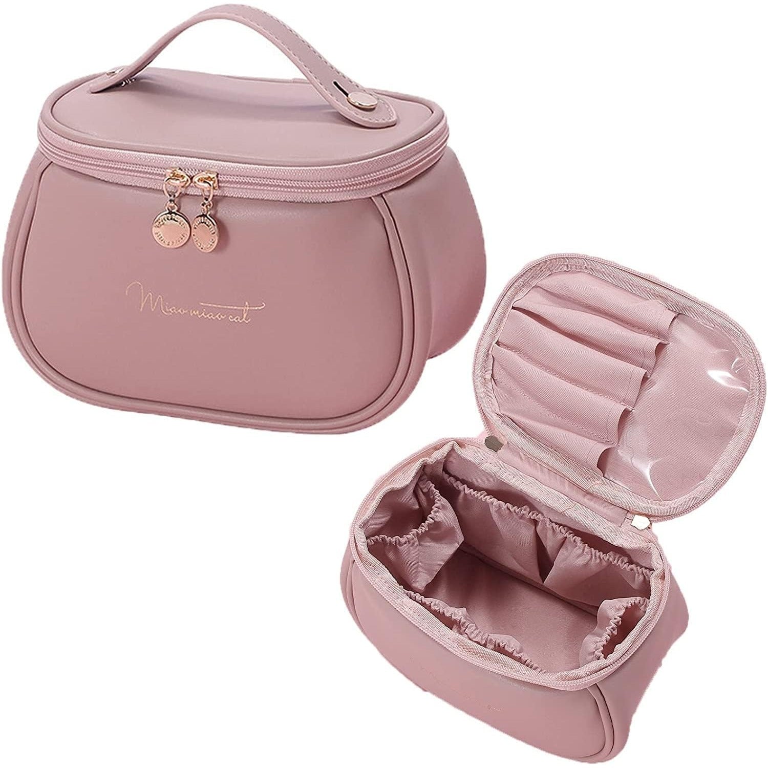 Lazer Portable Travel Makeup Organizer for Women & Girls – Large Capacity PU Leather Cosmetic Storage Bag with Handle, Adjustable Dividers & Brush Compartments, Stylish Toiletry Case (Pink)