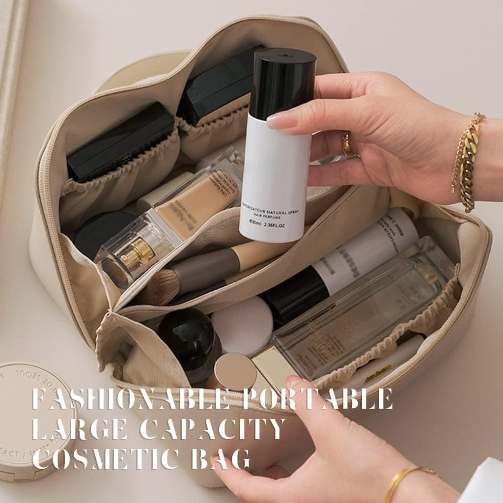 Lazer Travel Cosmetic Makeup Pouches for Women Travel Organizer Bag Portable Pouch Open Flat Toiletry Bag Make Up Organizer with Divider and Handle (White)