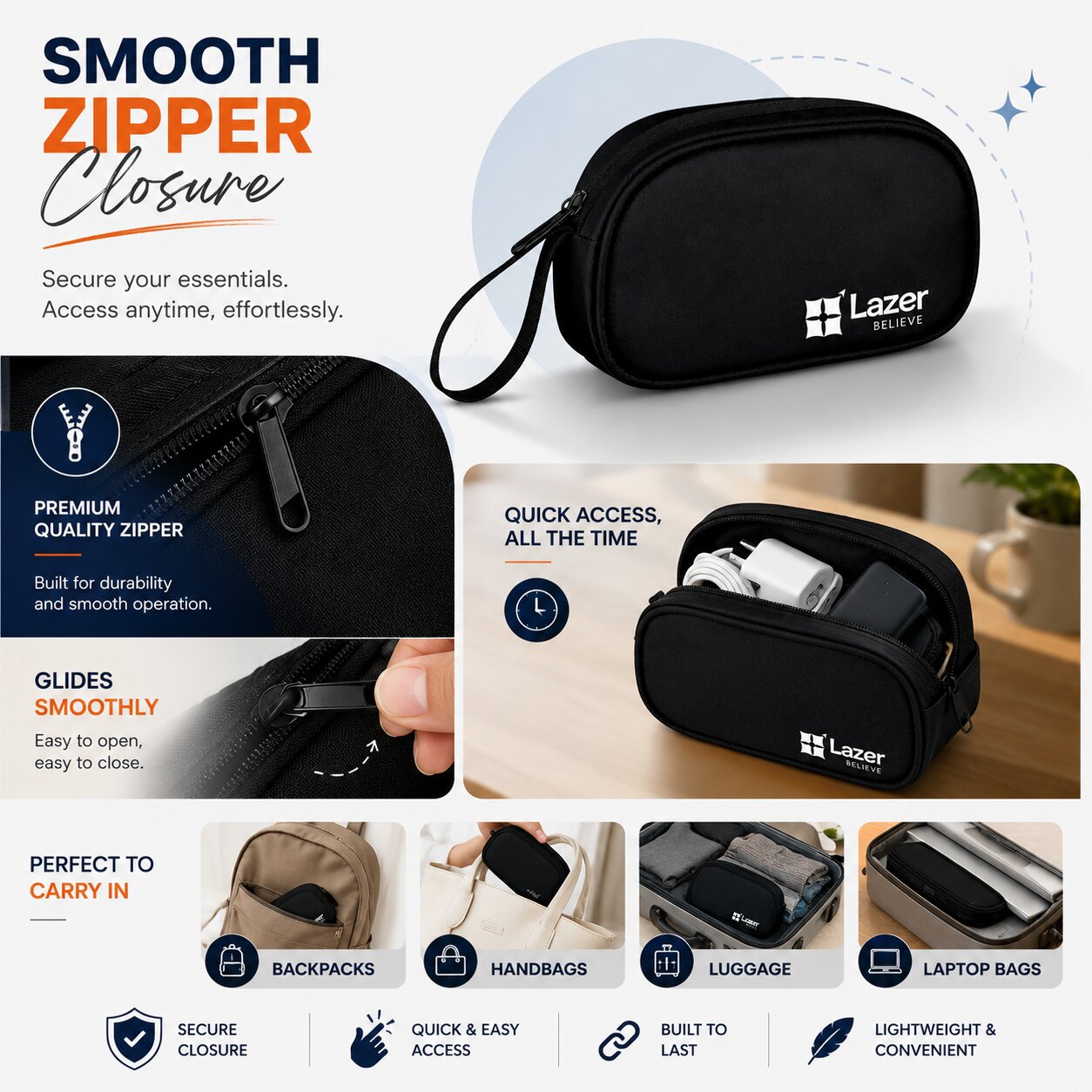 Lazer Premium Travel Pouch Multipurpose Organizer Bag for Toiletries, Cables, Stationery & Daily Essentials | Lightweight Zipper Carry Case for Travel, School & Office (Black)
