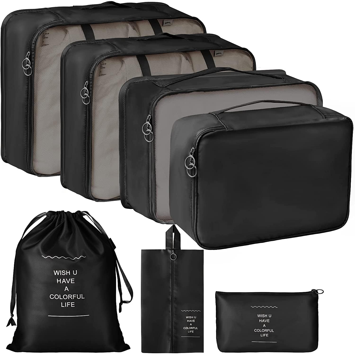 Lazer Polyester 7 Set Travel Organizer Bag 3 Packing Cubes + 3 Pouches + 1 Toiletry Organizer Bag W-28 Cm, H-11 Centimeters - Black